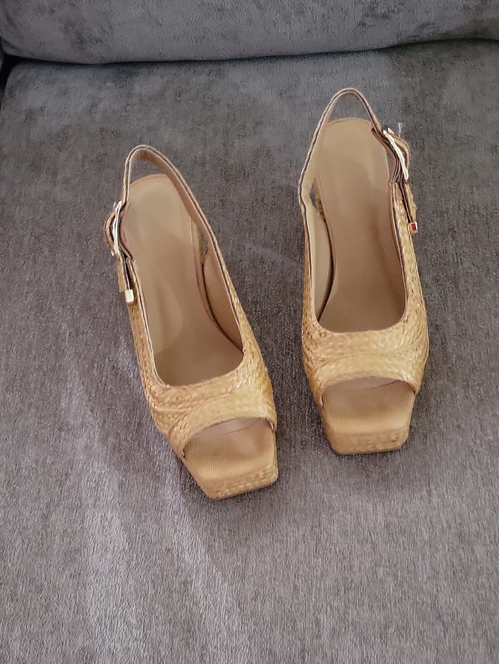 Woven Tan Peep-Toe Slingback Platform Heels
